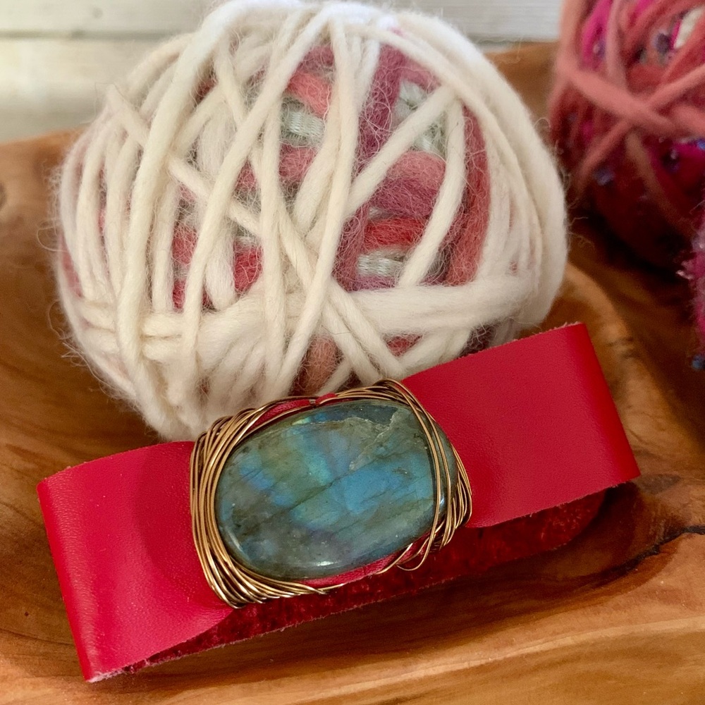 Handmade Red Leather Stone Cuff Bracelet 💖2 Sizes